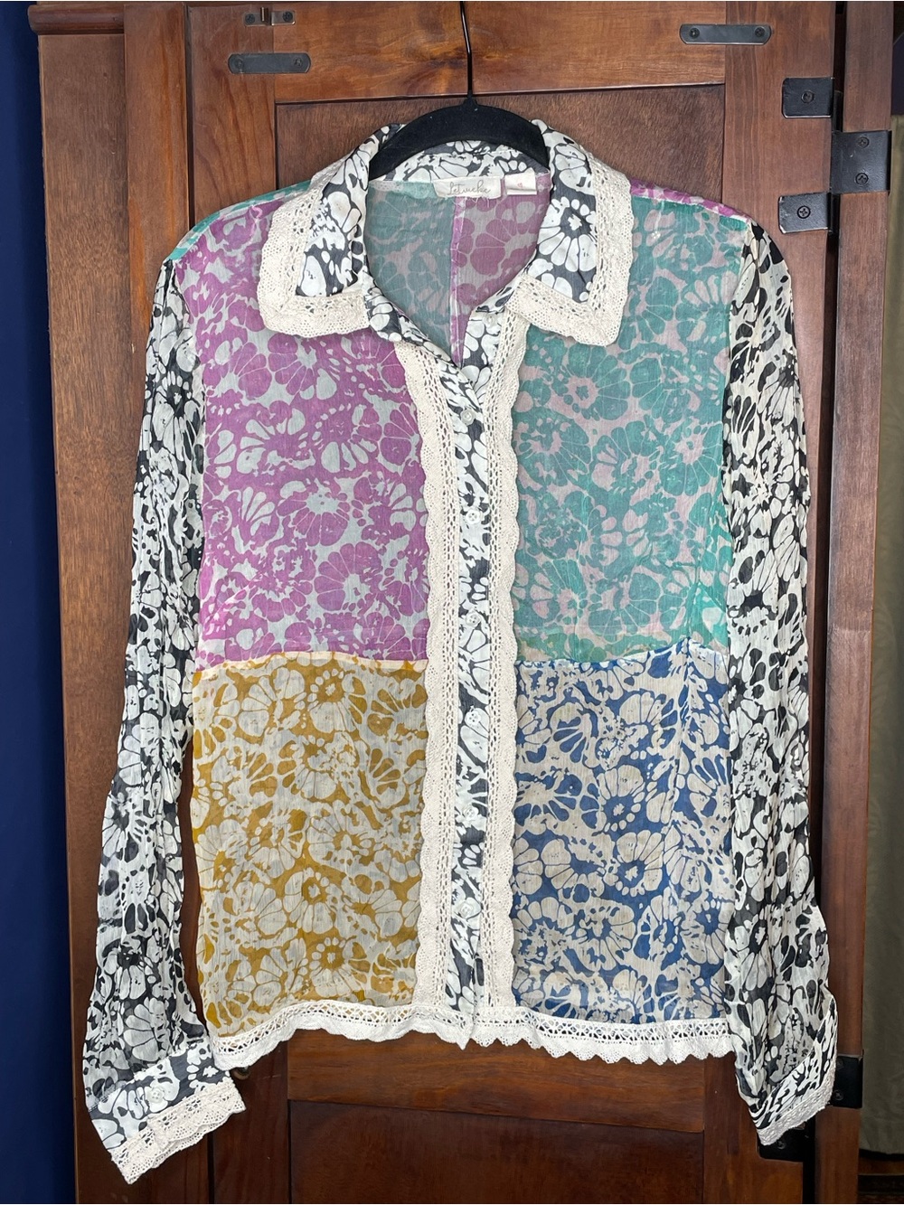 Anthropologie Let Me Be Floral Patchwork Blouse Medium Crochet Boho Cottagecore - Picture 2 of 5